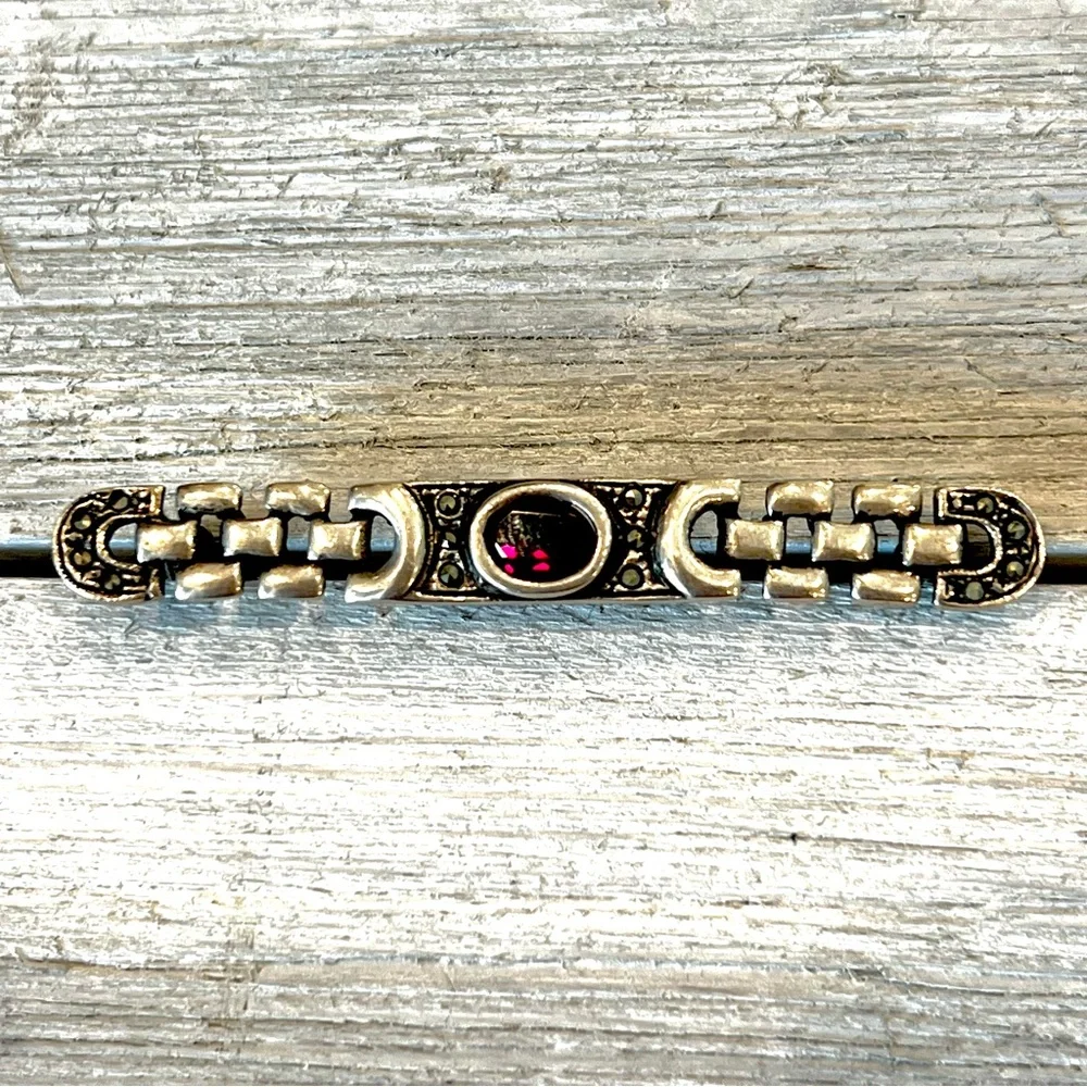 182. Sterling, Garnet and Marcasite Bar Brooch Circa 1980s. Estate Find! - Picture 3 of 8